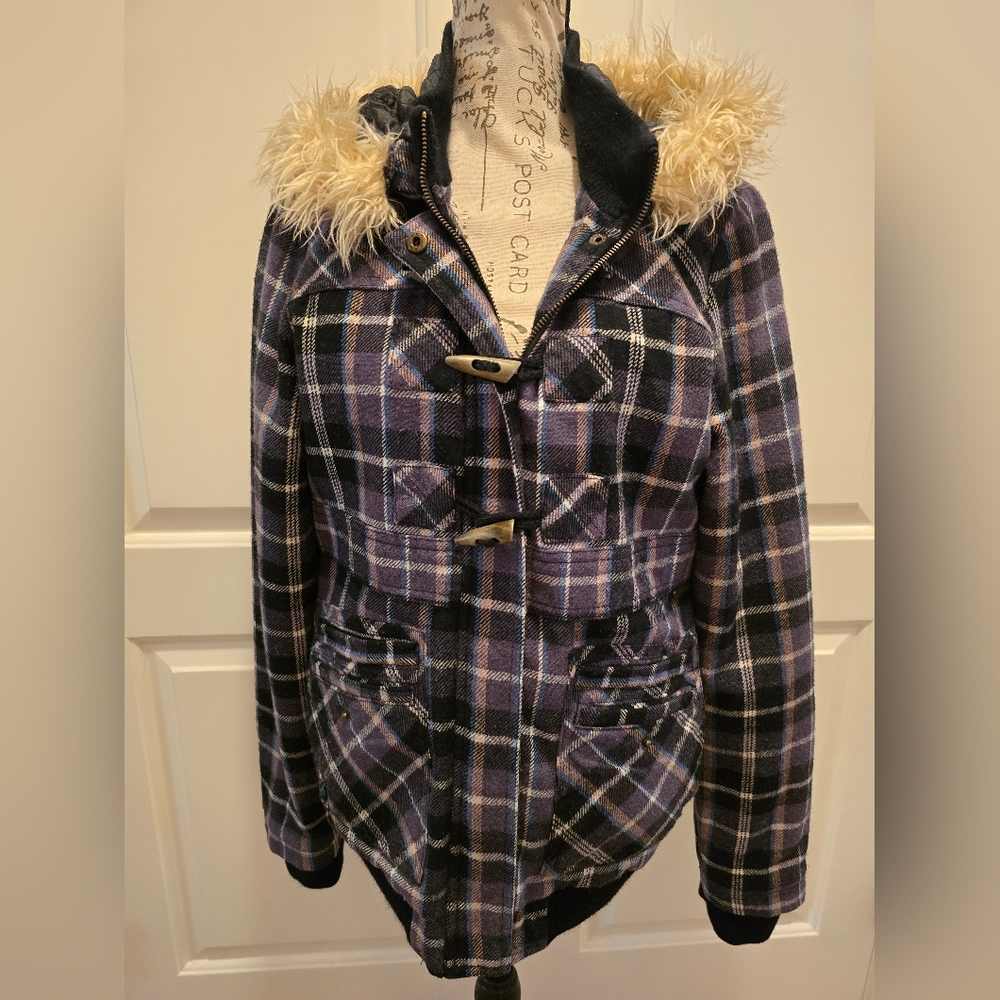 Billabong Gray Black Pink Blue White Plaid Jacket with Faux Fur Hood Small